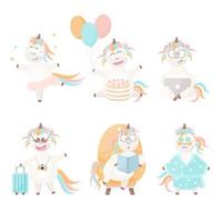 Set of unicorns. Reading, dancing, studying, traveling, reading, having bath. Unicorn vector flat illustrations. Unicorn stickers.