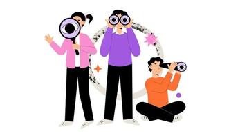 Two men and woman are searching for information or people, using binoculars, magnifying glass and spyglass. Bright vector concept illustration in flat cartoon style.