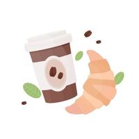 A cup of fresh coffee with a tasty croissant. Coffee vector flat cartoon illustration.