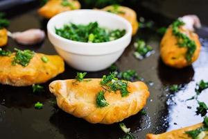 Baked dumplings with dill sauce. Close view photo