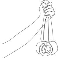 One line drawing of vintage human hand holding ribbon sketch with gold medal. Emblem design concept in retro style isolated on white background. Continuous line drawing vector graphic illustration