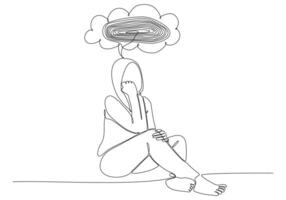 Continuous line drawing of young woman feeling sad, tired and worried suffering from depression in mental health vector illustration