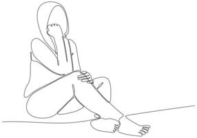 dibujo de línea continua de una mujer joven que se siente triste, cansada y preocupada que sufre de depresión en la ilustración del vector de salud mental