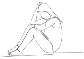 dibujo de línea continua de una mujer joven que se siente triste, cansada y preocupada que sufre de depresión en la ilustración del vector de salud mental