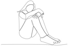 Continuous line drawing of young woman feeling sad, tired and worried suffering from depression in mental health vector illustration