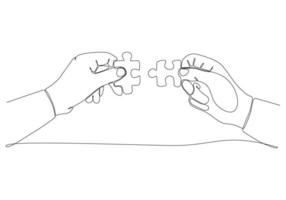 Continuous line drawing of hand Merge Two Pieces Puzzle isolated on white background. vector