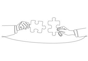 Continuous line drawing of hand Merge Two Pieces Puzzle isolated on white background. vector