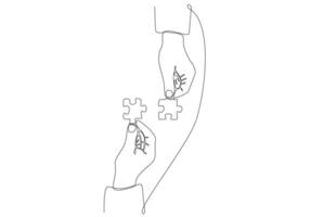 Continuous line drawing of hand Merge Two Pieces Puzzle isolated on white background. vector