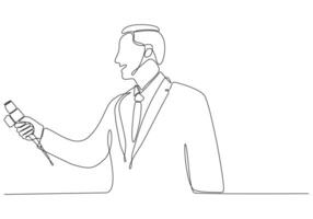 Continuous line drawing of man holding microphone, journalist symbol vector illustration