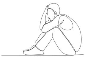 Continuous line drawing of young man feeling sad, tired and worried suffering from depression in mental health vector illustration