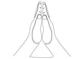 continuous line drawing of prayer hand. Hands palms together. Vector illustrations.