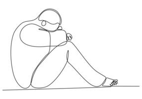 Continuous line drawing of young man feeling sad, tired and worried suffering from depression in mental health vector illustration