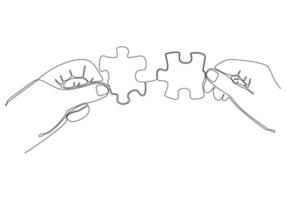 Continuous line drawing of hand Merge Two Pieces Puzzle isolated on white background. vector