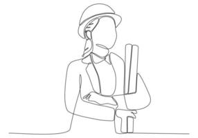 One continuous line art drawing female architect interior designer at work vector