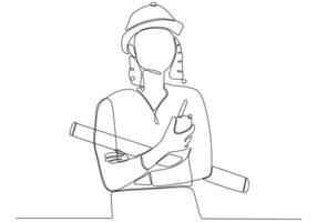 One continuous line art drawing female architect interior designer at work vector