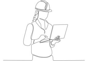 One continuous line art drawing female architect interior designer at work vector