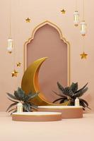 Imagen de representación 3d de fondo de saludo de tema de ramadán y eid fitr adha mubarak con objetos de decoración islámica foto