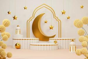 Imagen de representación 3d de fondo de saludo de tema de ramadán y eid fitr adha mubarak con objetos de decoración islámica foto