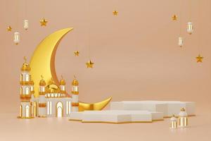 Imagen de representación 3d de fondo de saludo de tema de ramadán y eid fitr adha mubarak con objetos de decoración islámica foto