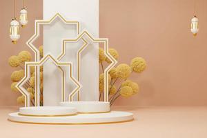 3d rendering image of ramadan and eid fitr adha mubarak theme greeting background with islamic decoration objects photo