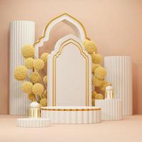 3d rendering image of ramadan and eid fitr adha mubarak theme greeting background with islamic decoration objects photo