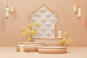 Imagen de representación 3d de fondo de saludo de tema de ramadán y eid fitr adha mubarak con objetos de decoración islámica foto