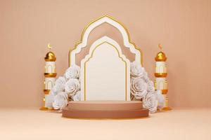 Imagen de representación 3d de fondo de saludo de tema de ramadán y eid fitr adha mubarak con objetos de decoración islámica foto