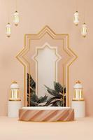 Imagen de representación 3d de fondo de saludo de tema de ramadán y eid fitr adha mubarak con objetos de decoración islámica foto