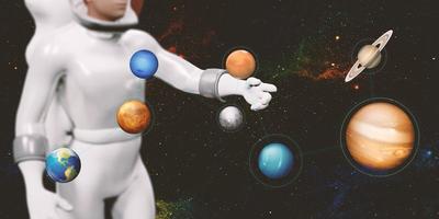 astronauts and solar system planets and stars 3d illustration of photo