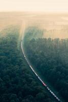 Train rides through the forest in the fog at dawn morning - aerial shot photo