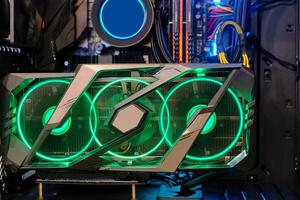 high performance graphic card with cooling fan and multicolor led rgb light show status