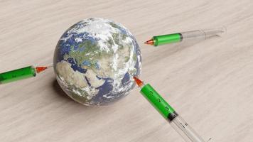 Medical syringe with a needle vaccinated the planet Earth. 3D rendering. Elements of this image furnished by NASA.