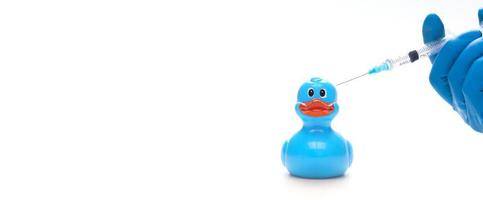 Medical syringe with a needle for vaccination on a duck toy. photo