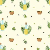 Seamless pattern Olives, olive oil and branches with leaves and berries. Vector illustration