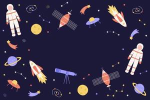 Cosmos doodle is a set of vector illustrations. Icons of space elements rocket cosmonaut stars satellite telescope comet