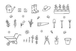 Garden tools and plants, a set of vector doodle illustrations. Concept gardening, a summer hobby.