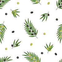 Seamless pattern of olive tree twigs and leaves and olive berries. Vector illustration, background or wallpaper