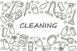 elementos de limpieza de vectores de estilo de fideos. un conjunto de dibujos de productos y artículos de limpieza. equipo de lavado de habitaciones
