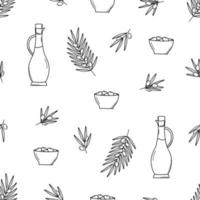 Seamless pattern Olives, olive oil and branches with leaves and berries. Vector illustration