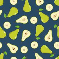 Seamless Pattern Green pear is whole, half and a pear slice. Vector illustration of ripe juicy fruit pears