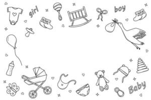 Newborn icons set doodle style. Vector illustration of elements for a baby