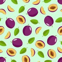 Seamless Pattern Ripe plum whole in a purple peel, half a plum with a stone and a plum slice. Vector illustration of delicious berries