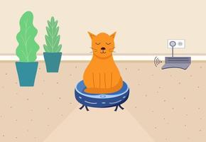 The cat is sitting on a robot vacuum cleaner. The interior of the room, the concept of home cleaning and automation of Household. Remote charging station Vector illustration of a flat cartoon style.