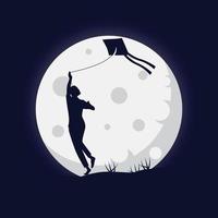 silueta de personas jugando cometas con ilustración de fondo de luna llena
