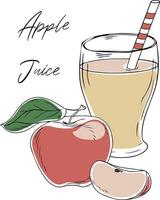 Colorful illustration of apple juice in a glass with straw, fresh pink apple, whole and sliced, isolated on white background. Hand-drawn doodle style. Vector illustration