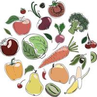 conjunto de frutas y verduras coloridas estilo garabato aisladas sobre fondo blanco. ilustración vectorial
