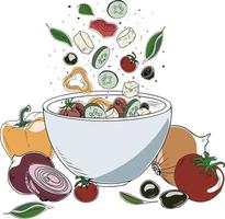 Colorful hand-drawn illustration of greek salad recipe isolated on white background vector