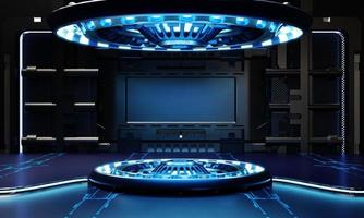 escaparate de podio de productos de ciencia ficción en nave espacial con fondo blanco y azul. tecnología espacial y concepto de objeto. representación de ilustración 3d