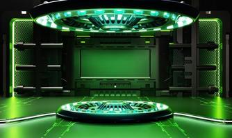 escaparate de podio de productos de ciencia ficción en nave espacial con fondo de luz verde. tecnología espacial y concepto de objeto. representación de ilustración 3d foto