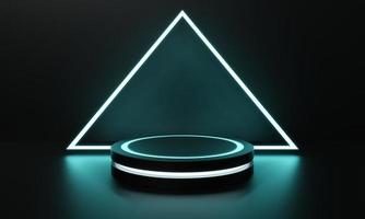 Modern product showcase sci-fi podium with blue green glowing light neon background. Technology and object concept. 3D illustration rendering photo